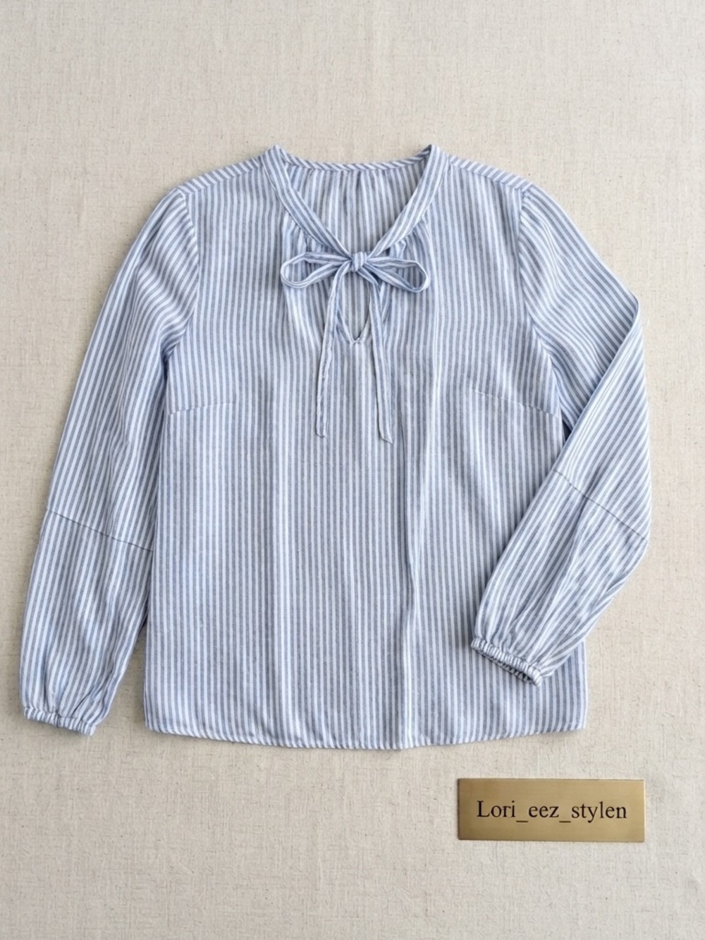 ROOTS 100% Cotton linen blend - Blue & White Striped Tie-Neck Blouse